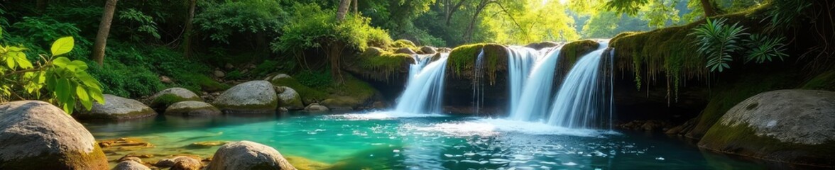Fototapeta premium Refreshing waterfall cascading down mossy rocks into a pristine summer pool, surrounded by lush green foliage under bright sunlight , powerful, pristine