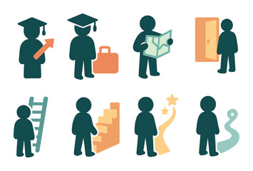Silhouettes with future symbols isometric set. graduate and arrow, suitcase beside grad, map in hand, door silhouette, ladder behind figure, stairs upward.