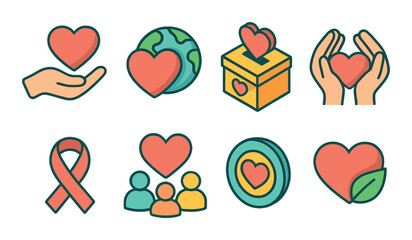 Charity and care hearts isometric set. hand holding heart, heart with globe, donation box with heart, giving hands and heart, heart ribbon symbol.