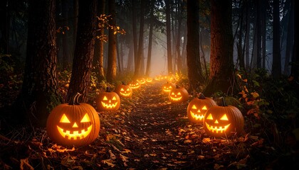 Halloween pumpkins in dark forest path glowing jack o lanterns spooky october night halloween background scene generative ai 