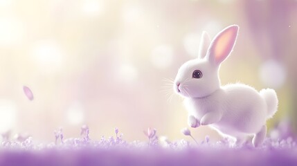 Obraz premium Cute white rabbit hopping in a dreamy purple flower field