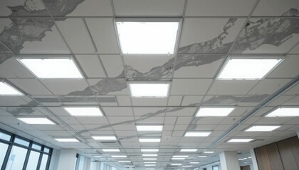 In an office setting with high ceilings and suspended white square tiles, white square LED downlights are fitted to highlight the contemporary lighting and design. AI that is generative. 