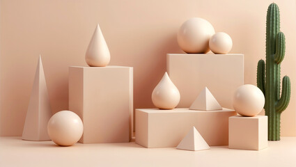 geometric composition featuring arranged spheres, cubes, and pyramids with soft shadows and matte pastel textures