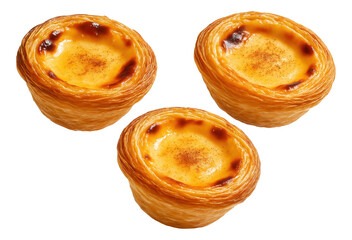 Three delicious Portuguese custard tarts with flaky golden crusts and creamy filling on transparent background.