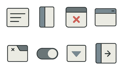 Closed UI Elements Concept isometric set. Collapsed menu, hidden panel, modal exit, minimized window, tab closed, toggle off, drop-down closed, sidebar