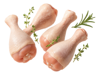 Four raw chicken drumsticks with sprigs of fresh thyme and rosemary on transparent background.