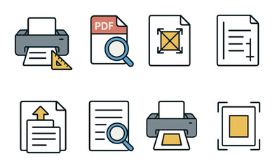Print & Document Scaling Concept isometric set. Printer scale icon, PDF zoom, fit-to-page tool, margin adjust, paper resize, doc magnifier, print preview.