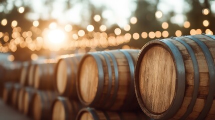 This image captures a row of rustic wooden barrels bathed in warm sunset light, creating a serene and inviting atmosphere perfect for winery themes or rustic settings.