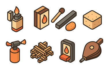 Fire Tools Concept isometric set. Lighter, matchbox, flint and steel, firestarter cube, blowtorch, kindling stack, ignition switch, fire bellows