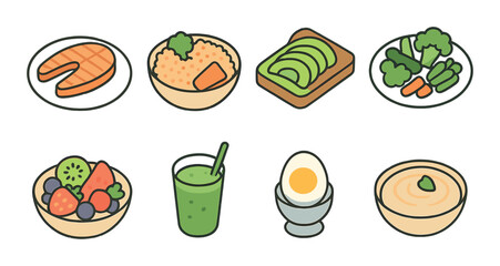 Healthy Meals Concept isometric set. Grilled salmon, quinoa bowl, avocado toast, steamed vegetables, fruit salad, green smoothie, boiled egg, hummus dip