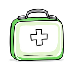 Fototapeta premium Cartoon green first aid kit isolated on white background