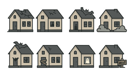 Abandoned and haunted homes isometric set. broken roof house, cracked windows, creepy silhouette in window, fog around house, bat on roof, boarded-up door.