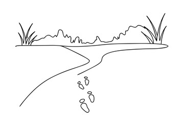 Simple line drawing of footprints by a stream