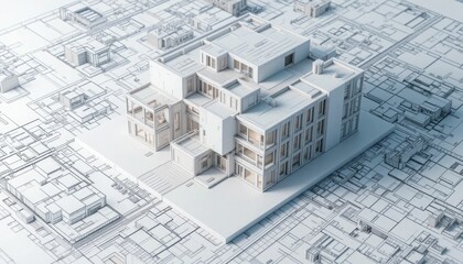 A 3D building model superimposed on blueprints demonstrating BIM technology is an example of modern architectural design.