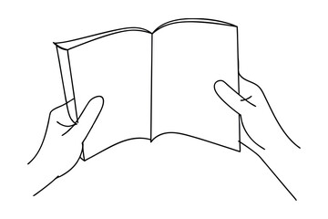 Hands holding open book line drawing simple illustration