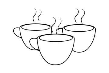 Three steaming coffee cups line drawing illustration