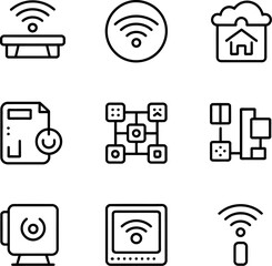A collection of nine black and white line icons representing wifi and network