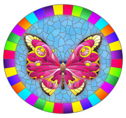 Illustration in stained glass style with a bright pink butterfly on a blue background in a bright frame, oval image