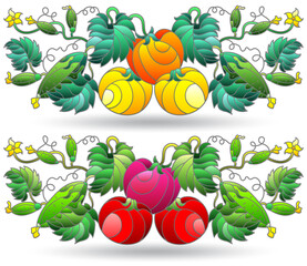 A set of stained glass illustrations with compositions of vegetables, plants isolated on a white background