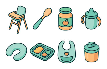 Baby Feeding Concept isometric set. High chair, baby spoon, puree jar, sippy cup, breastfeeding pillow, baby food tray, bib with pocket, snack container