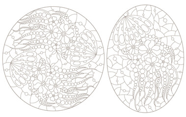 A set of contour illustrations in the style of a stained glass window with jellyfish, dark contours on a white background