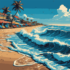 comic book style beach view vector illustration