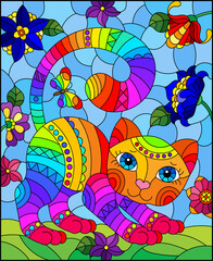 Stained glass illustration with a cute cartoon cat on a background of flowers, fields and sky