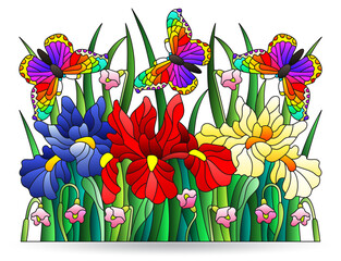 Stained glass illustrations with iris flowers and butterflies, compositions isolated on a white background