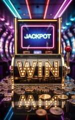 Jackpot slot machine casino game gambling win coins neon lights lucky chance risk entertainment wealth prize money