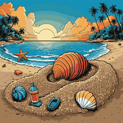 comic book style beach view vector illustration
