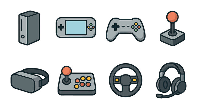 Gaming Devices Concept isometric set. Game console, handheld gaming device, gaming controller, joystick, VR console, arcade stick, racing wheel, gaming
