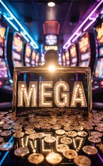 Mega win casino slot machine jackpot gambling games neon lights coins golden prize money luck chance