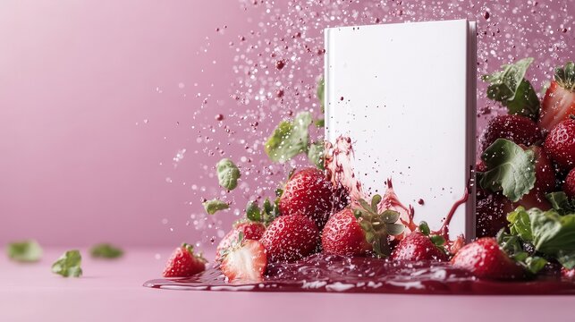 An eye-catching splash of fresh strawberries and a blank book cover, evoking creativity and inspiration while highlighting the vibrant colors and dynamic energy of the scene.