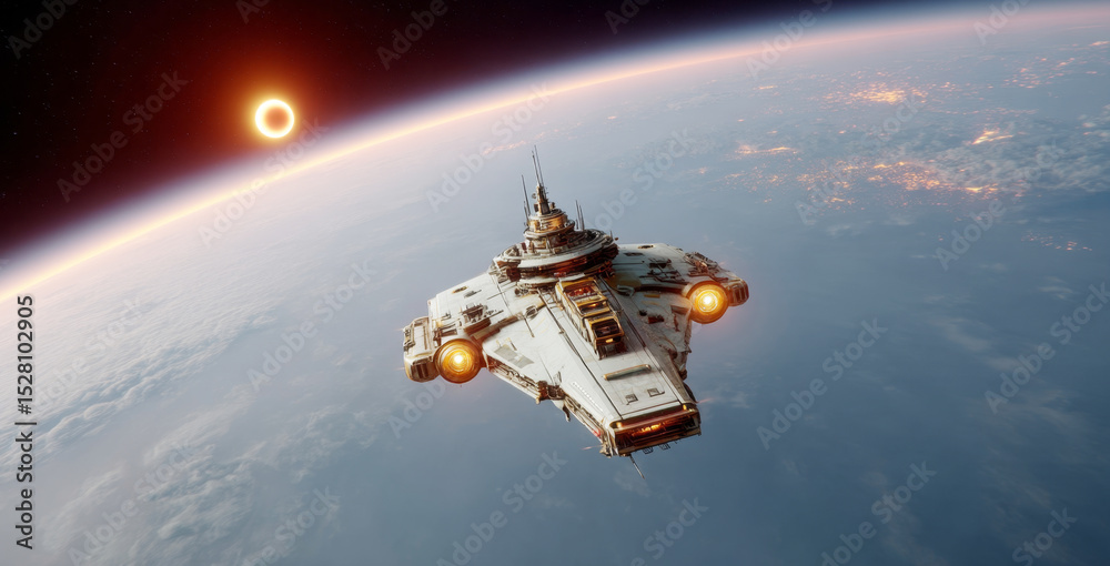 Aufkleber A robot conducts exploration tasks on a distant planet while a solar eclipse occurs in the background. The spacecraft hovers quietly above the surface, reflecting the wonders of space discovery.