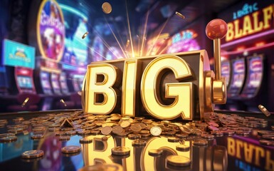 Big win casino slots game concept with gold coins and slot machines for online gambling promotion 3d art