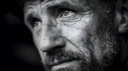 Obraz premium Weathered Man with Rugged Features and Determined Expression Captured in Dramatic Black and White Photography