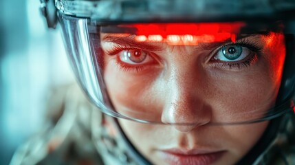 This striking image features a focused female soldier in combat gear, emphasizing strength, determination, and intensity as she prepares for a significant moment in the field.