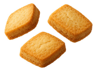 Three golden brown shortbread cookies arranged in a dynamic layout on transparent background.