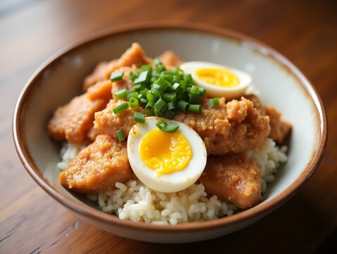 Rice bowl with fried chicken and boiled egg, sprinkled with green onions, served on wood table