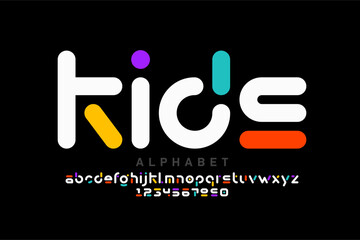 kids. Playful colorful original style font design, alphabet letters and numbers vector illustration