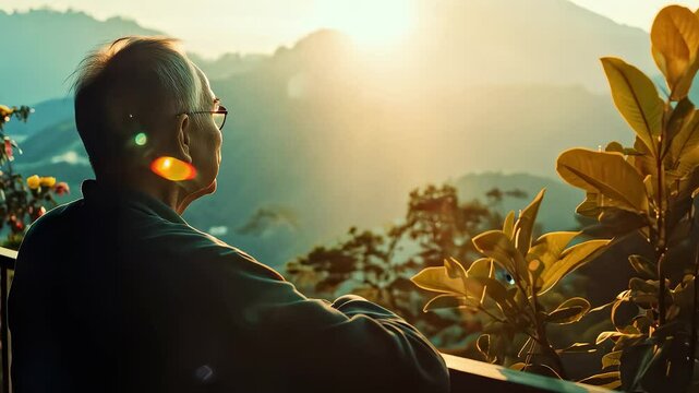 Elderly Person Quietly Enjoys Mountain Sunset View from Balcony