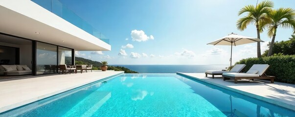 Fototapeta premium Sleek, geometric swimming pool with clean lines and a modern design, perfect for a luxury resort or private estate Enjoy the pristine blue water and sun-drenched elegance , modern pool, blue