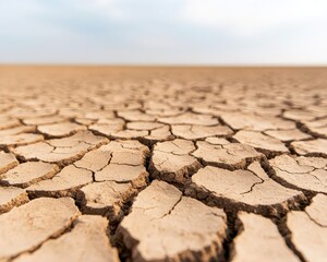 Obraz premium Parched, cracked earth in a dry, barren landscape symbolizing drought and environmental stress.