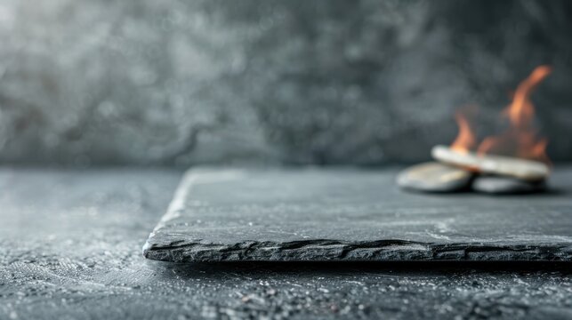 An artistic close-up shot showcases the textures of a slate surface complimented by glowing flames and stones, creating a warm ambiance and a captivating aesthetic.