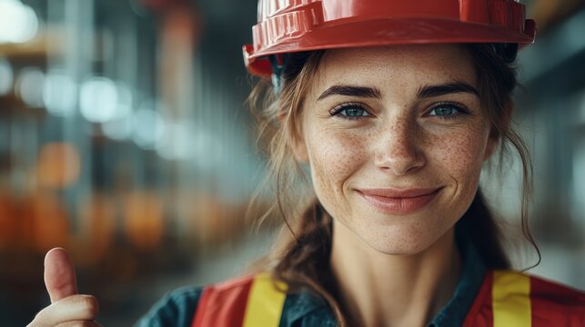 A confident young woman in a hard hat smiles brightly, reflecting her pride in her work within the construction industry, highlighting women’s empowerment in diverse careers.