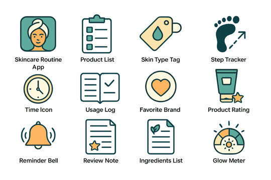 Skincare routine app interface with icons for product list, skin type, and tracking features