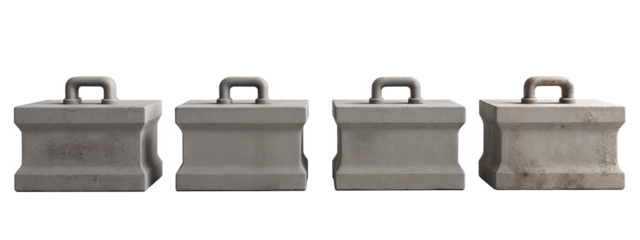 A set of four concrete blocks with handles on them.