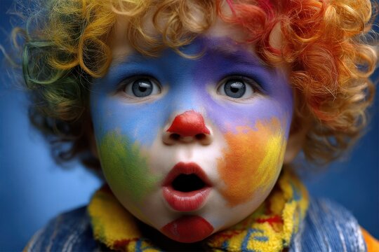 A little boy dressed in clown makeup is positioned in front of a colorful background as part of an April Fools' Day celebration