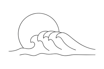Simple line drawing ocean waves sunset minimalist art