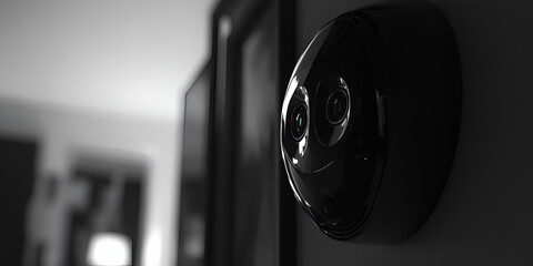 Black and White Security Camera on Wall, Surveillance Camera Monitoring Home Interior, Modern CCTV Camera Watching Over Room

